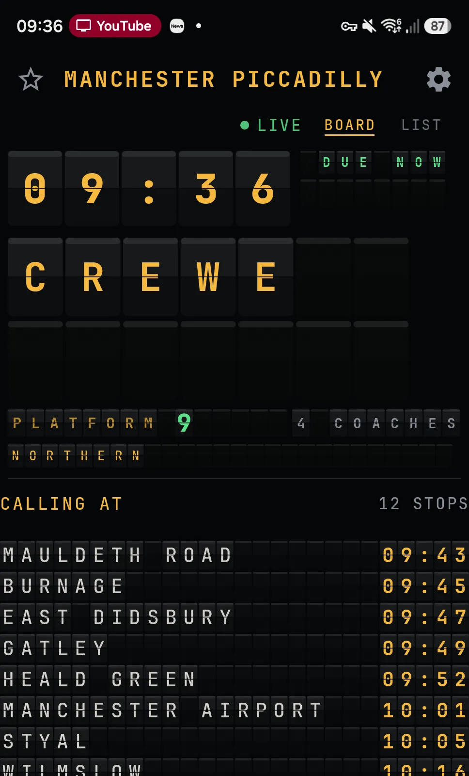 Calling At board view: the 09:36 to Crewe from Manchester Piccadilly, platform 9, calling at 12 stops
