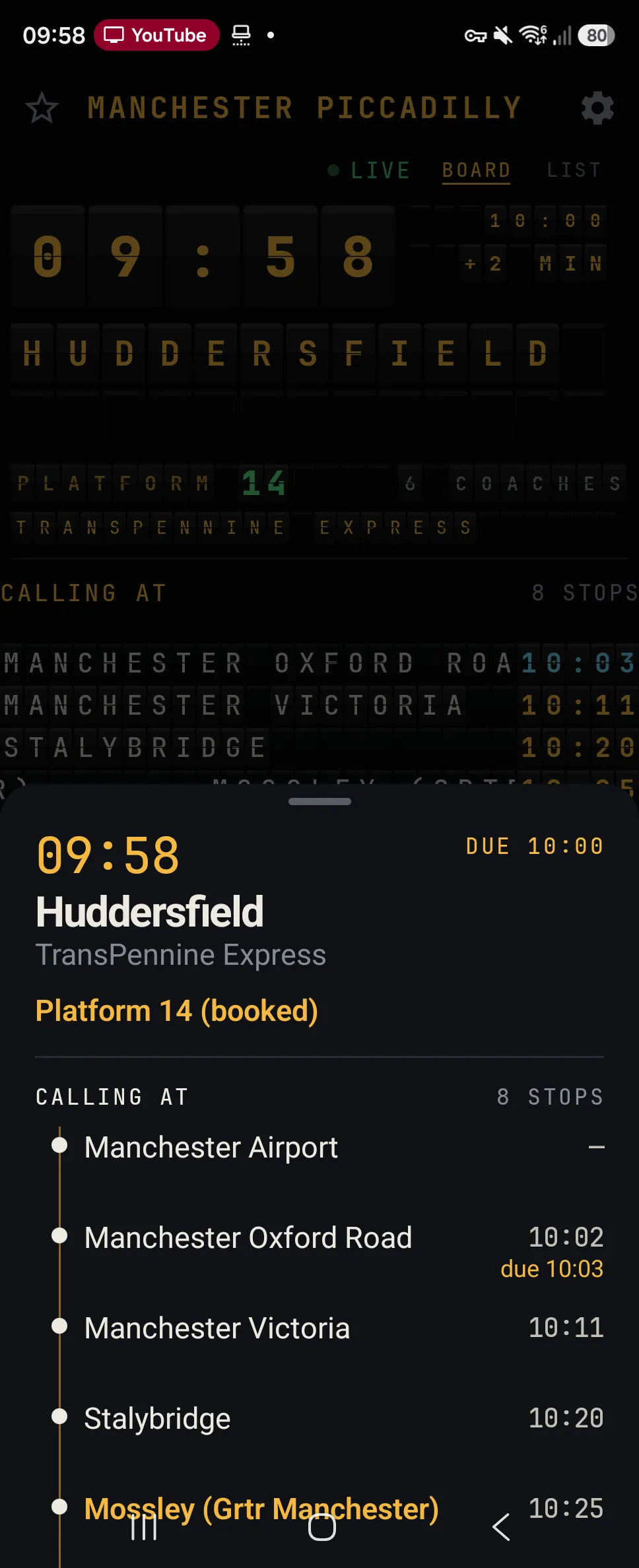 Calling At service detail sheet showing calling points and live expected times