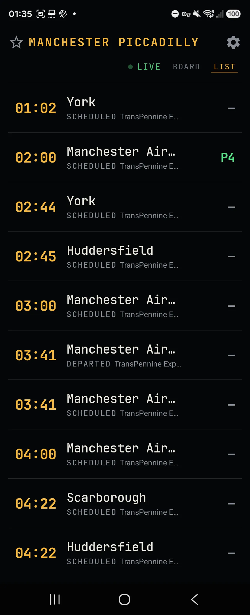 Calling At list view showing upcoming departures with times, platforms and status